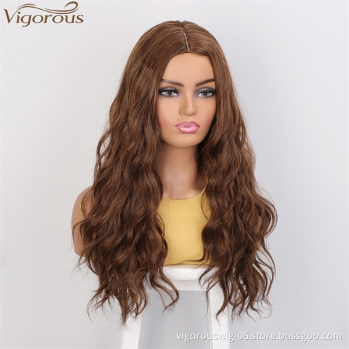 Vigorous Top Quality Dark Brown Mixed Light Auburn Long Wavy Wig Middle Part Synthetic Wigs For Black Women Wholesale Price